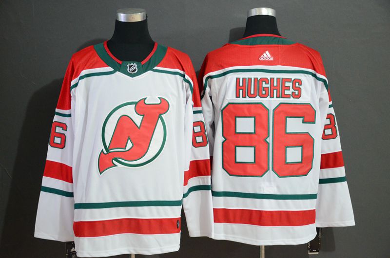 Men New Jersey Devils 86 Hughes White Adidas Stitched NHL Jersey